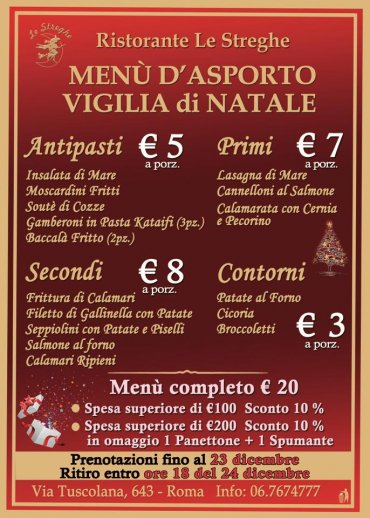 Menu Di Natale Di Carne.Menu Di Asporto Vigilia Di Natale 2017 Eventi Serate A Tema Cena Spettacolo Ristorante Le Streghe Roma Sud